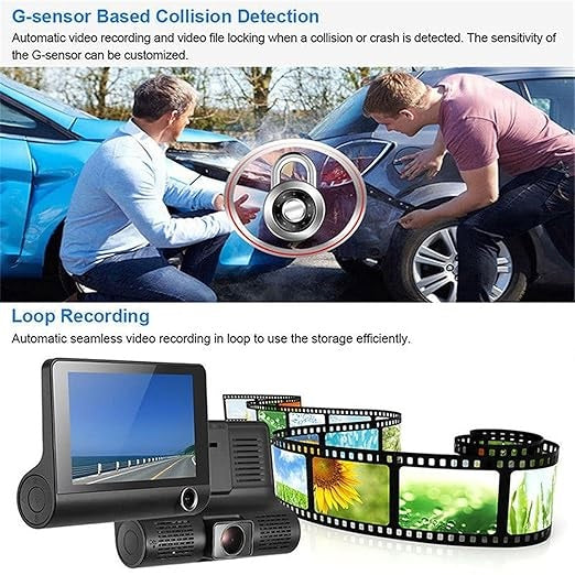 3 Channel Dash Cam 1080P, Front, Inside & Rear Camera with G-Sensor, Loop Recording, Parking Monitor - for Car Safety
