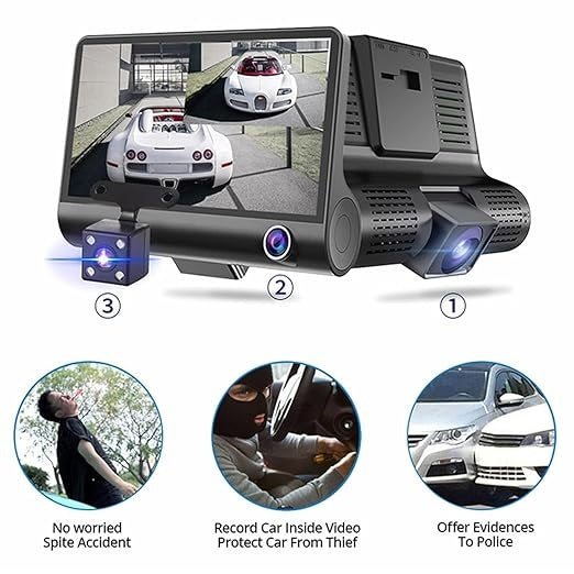 3 Channel Dash Cam 1080P, Front, Inside & Rear Camera with G-Sensor, Loop Recording, Parking Monitor - for Car Safety