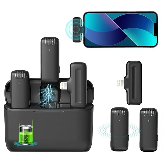 J12 Wireless Lavalier Omnidirectional Microphone for iPhone iPad, 2-in-1 Plug-Play Mic with Charging Case for Phone Video Recording Interview Youtubers Vloggers, 65ft Transmission Range (Black)