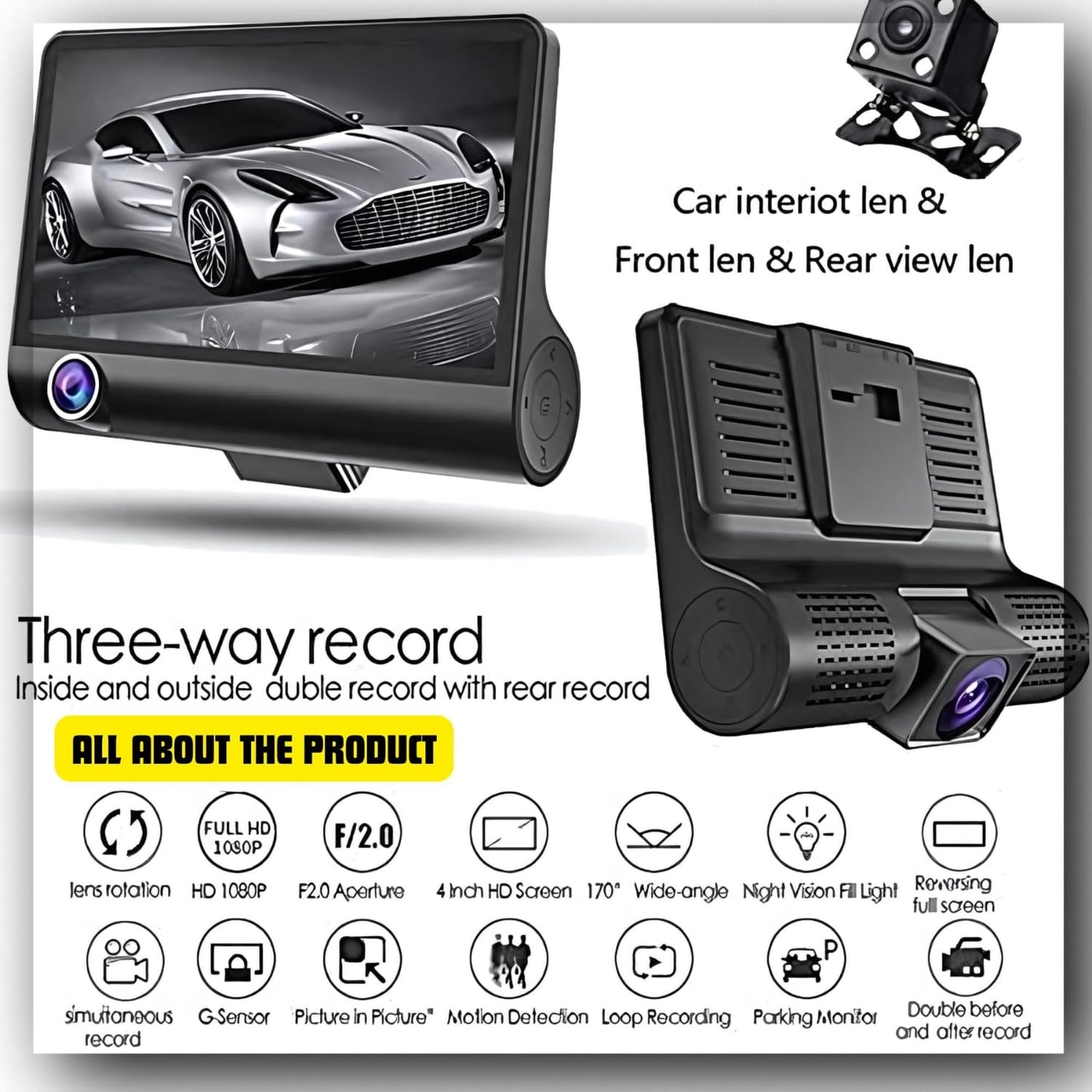 3 Channel Dash Cam 1080P, Front, Inside & Rear Camera with G-Sensor, Loop Recording, Parking Monitor - for Car Safety