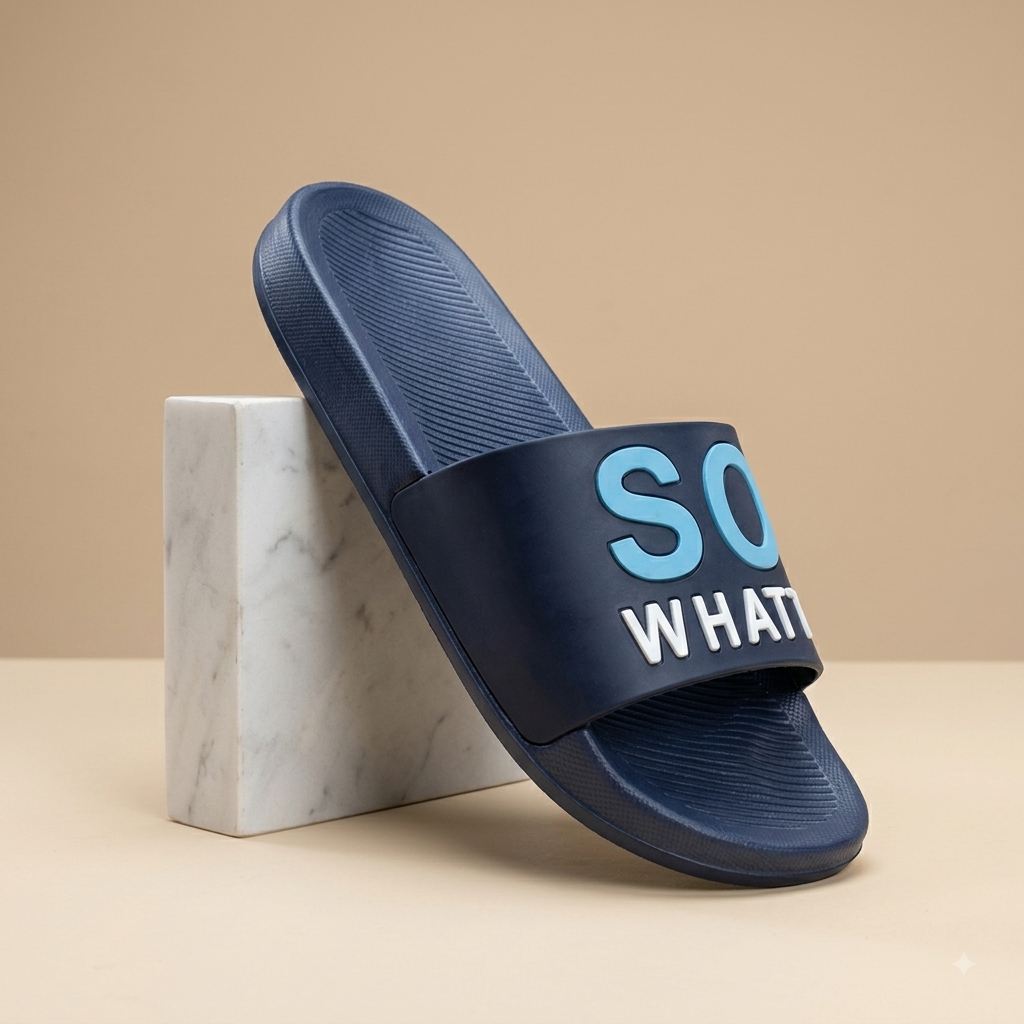 Men’s Navy Blue SO WHATT Printed Sliders – Stylish Casual Slip-On Sandals for Everyday Wear