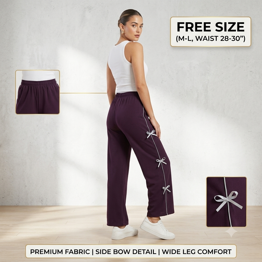 Trendy Bow Accent Wide-Leg Trousers for Women – Deep Wine