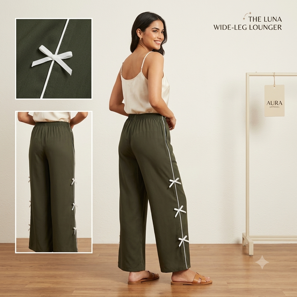 Women's Olive Green Wide-Leg Trousers with White Side Bow Accents