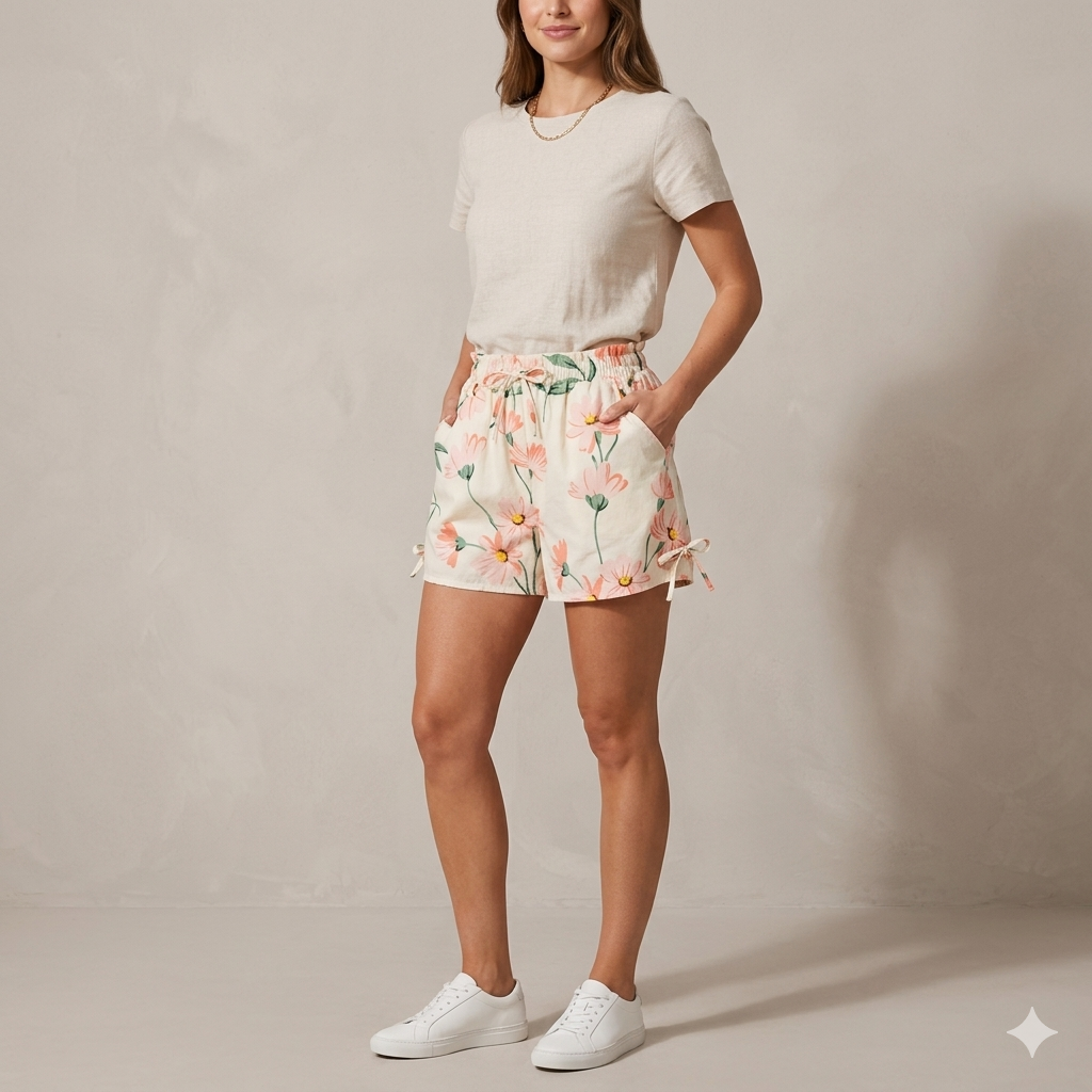 Blossom Floral Drawstring Summer Shorts – Cream & Peach Side-Tie Shorts