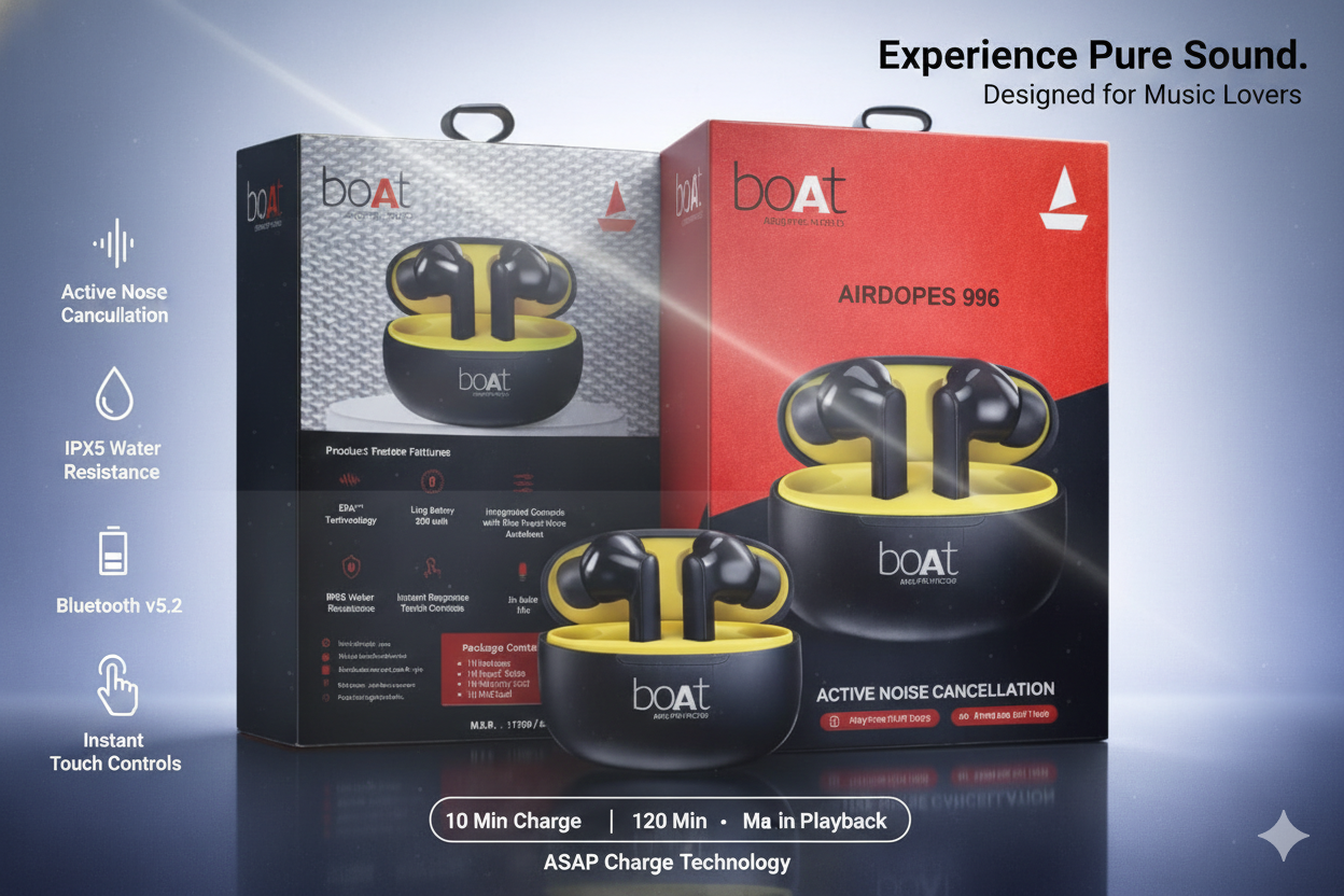 Airdopes 996 True Wireless Earbuds with Active Noise Cancellation & ENx™ Technology Premium TWS – Black & Yellow Edition