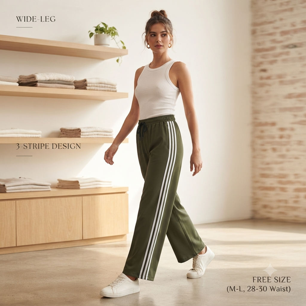 Women’s Olive Green Wide-Leg Track Pants with Side Stripe | High-Waist Casual Lower