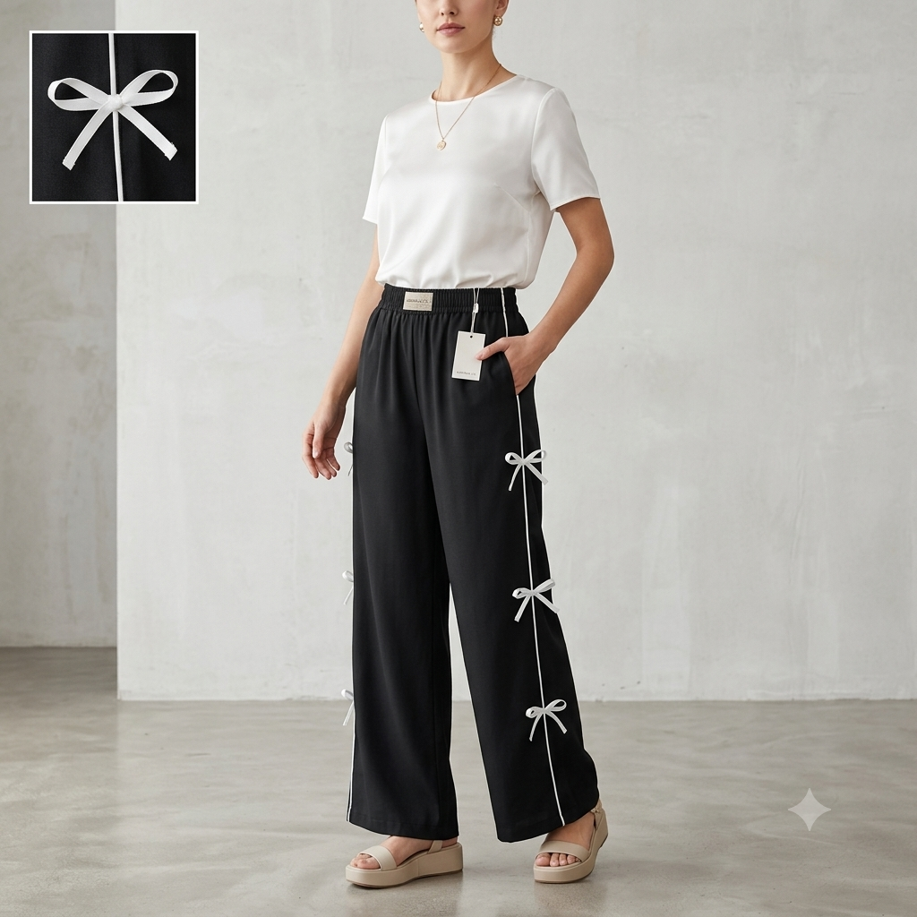 Stylish High-Waist Wide-Leg Lower for Women – Black with White Bow Accent