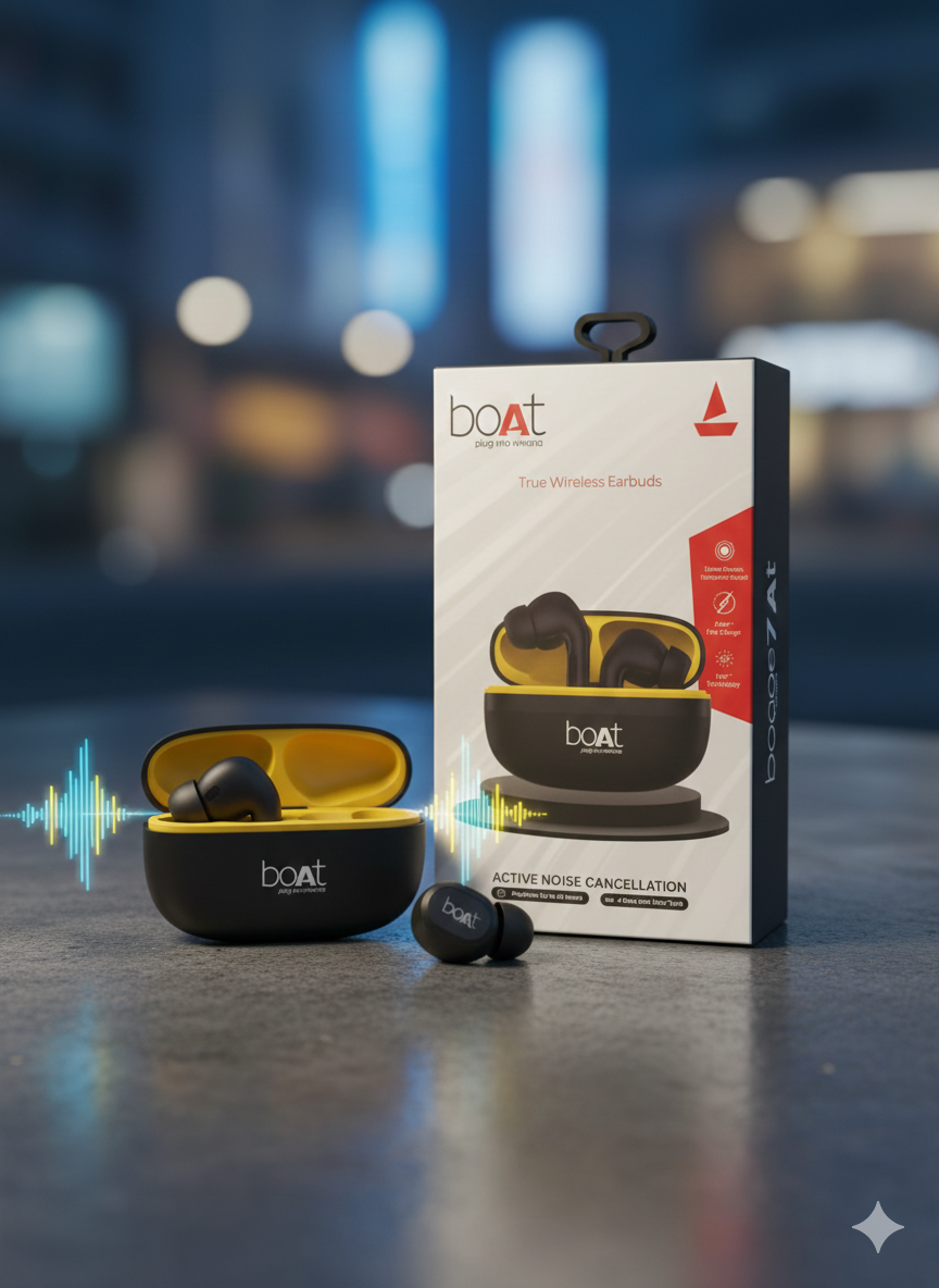 Airdopes 765 ANC: Silence the Noise, Amplify the Style with 60 Hours of Power & Pro-Grade ANC 13mm Drivers and the Dual-Tone design, as that yellow-on-black