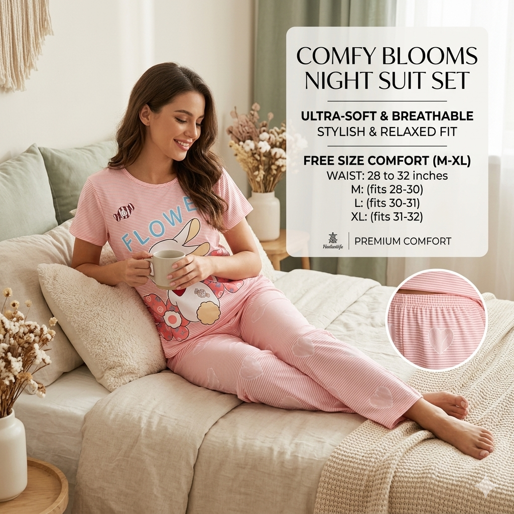 Women's Pink Striped Cotton Blend Nightsuit Set – Cute Bunny & Flower Print Top with Pyjamas