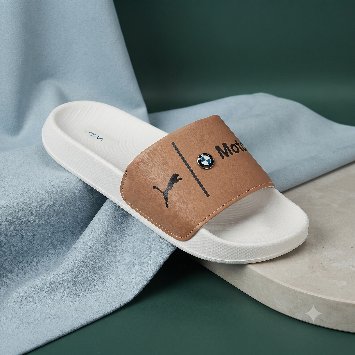 Premium White & Tan Motorsport-Inspired Casual Slides for Men | Stylish Everyday Slip-On Sandals