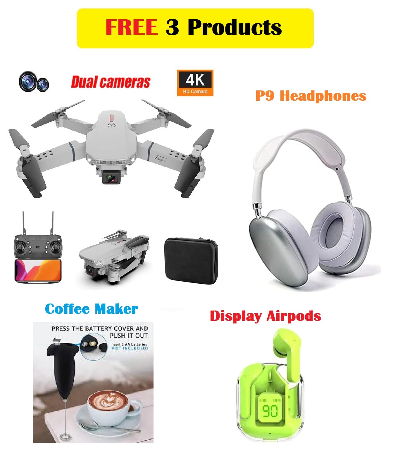HD 4K Drone Camera Foldable E88 Pro Drone With Mini Camera Wifi Drone For Everyone HD Dual Camrra Drone (3 Items FREE Display Airbuds, Coffee Blinder, P9 Headphone)