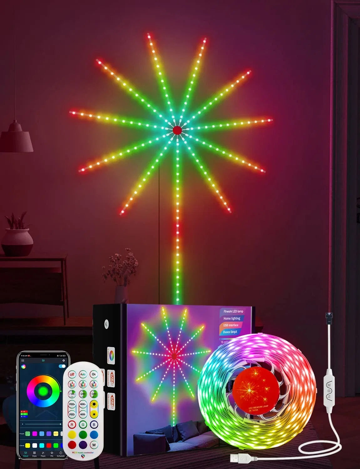 Smart Firework Led Lights Indoor,Led Fireworks Lights with Remote & APP Control Firework Launch Effect,Music/Mic Sync RGB Color Changing Led Lights