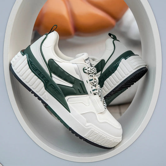 Premium Athleisure Chunky Sneakers with Textured Soles – Off-White/Dark Green