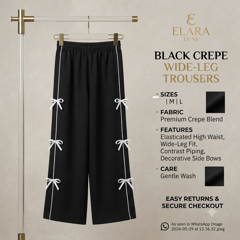 Stylish High-Waist Wide-Leg Lower for Women – Black with White Bow Accent