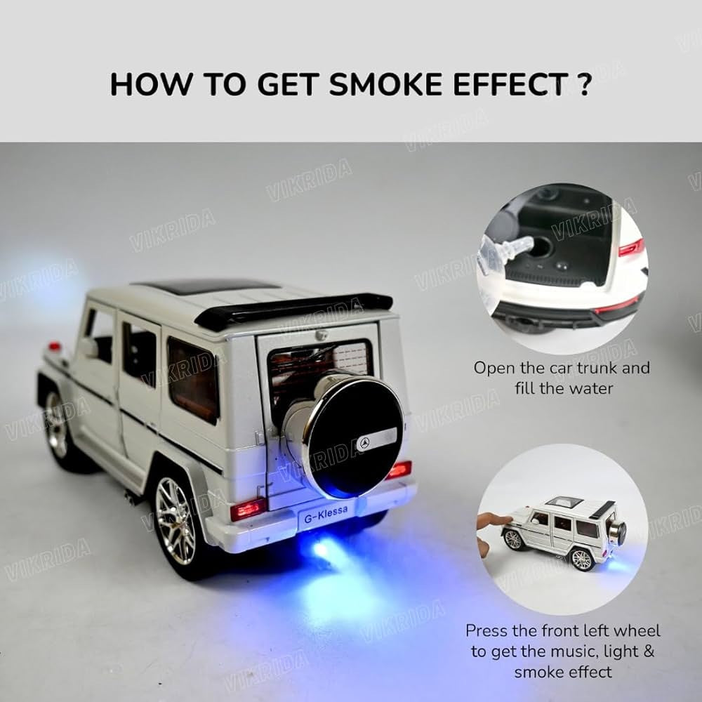 Diecast G-Wagon Eject Smock Fog AMG Toy Car, Pull Back Alloy Simulation Car (White)