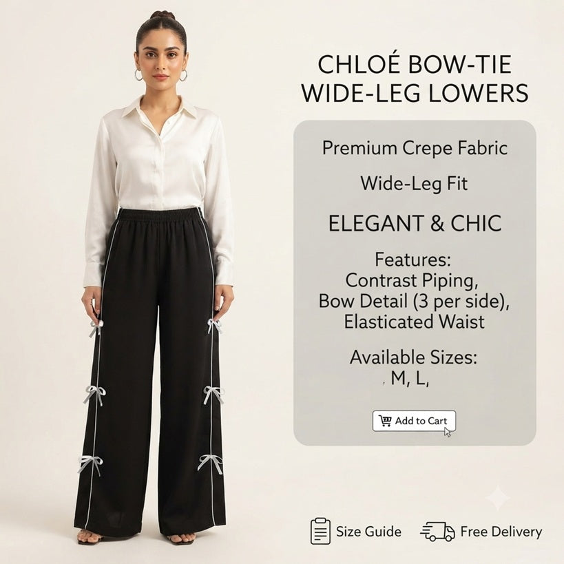 Stylish High-Waist Wide-Leg Lower for Women – Black with White Bow Accent