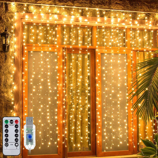 300 LED Fairy Curtain String Lights – USB Powered Remote-Controlled Backdrop, Warm Ambience for Diwali, Navratri, Christmas & New Year Décor