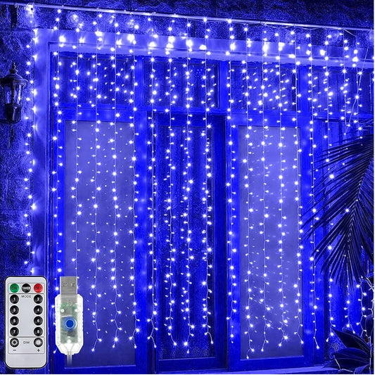 300 LED Fairy Curtain String Lights – USB Powered Remote-Controlled Backdrop, Warm Ambience for Diwali, Navratri, Christmas & New Year Décor (Blue)