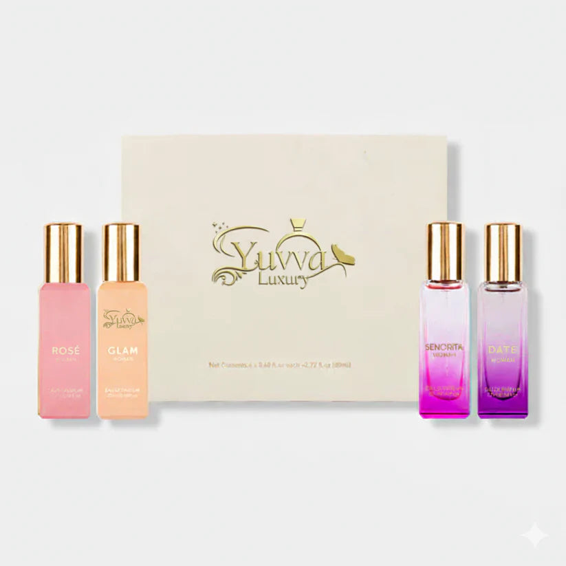 Yuvva Luxury Long Lasting Unisex Perfume Gift Set | 4x20ml Perfume for Man & Woman | Woody, Aquatic, Sweet, Premium Fragrance Scent | AQUA LOVE, YUVA SHANAYA, ROYAL KING, KING OF LONDON 12 HOURS LONG LASTING