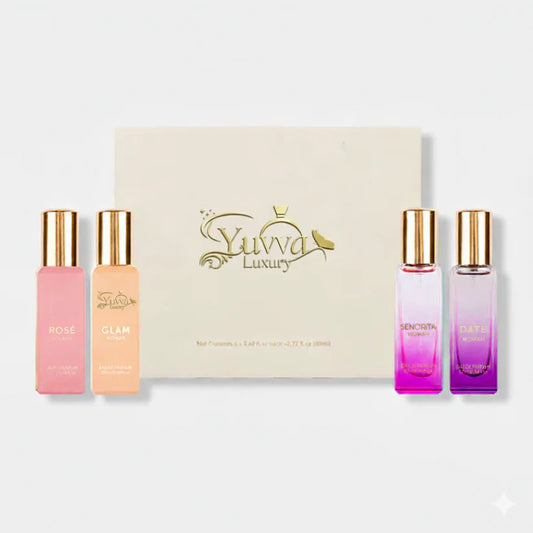 Yuvva Luxury Long Lasting Unisex Perfume Gift Set | 4x20ml Perfume for Man & Woman | Woody, Aquatic, Sweet, Premium Fragrance Scent | AQUA LOVE, YUVA SHANAYA, ROYAL KING, KING OF LONDON 12 HOURS LONG LASTING