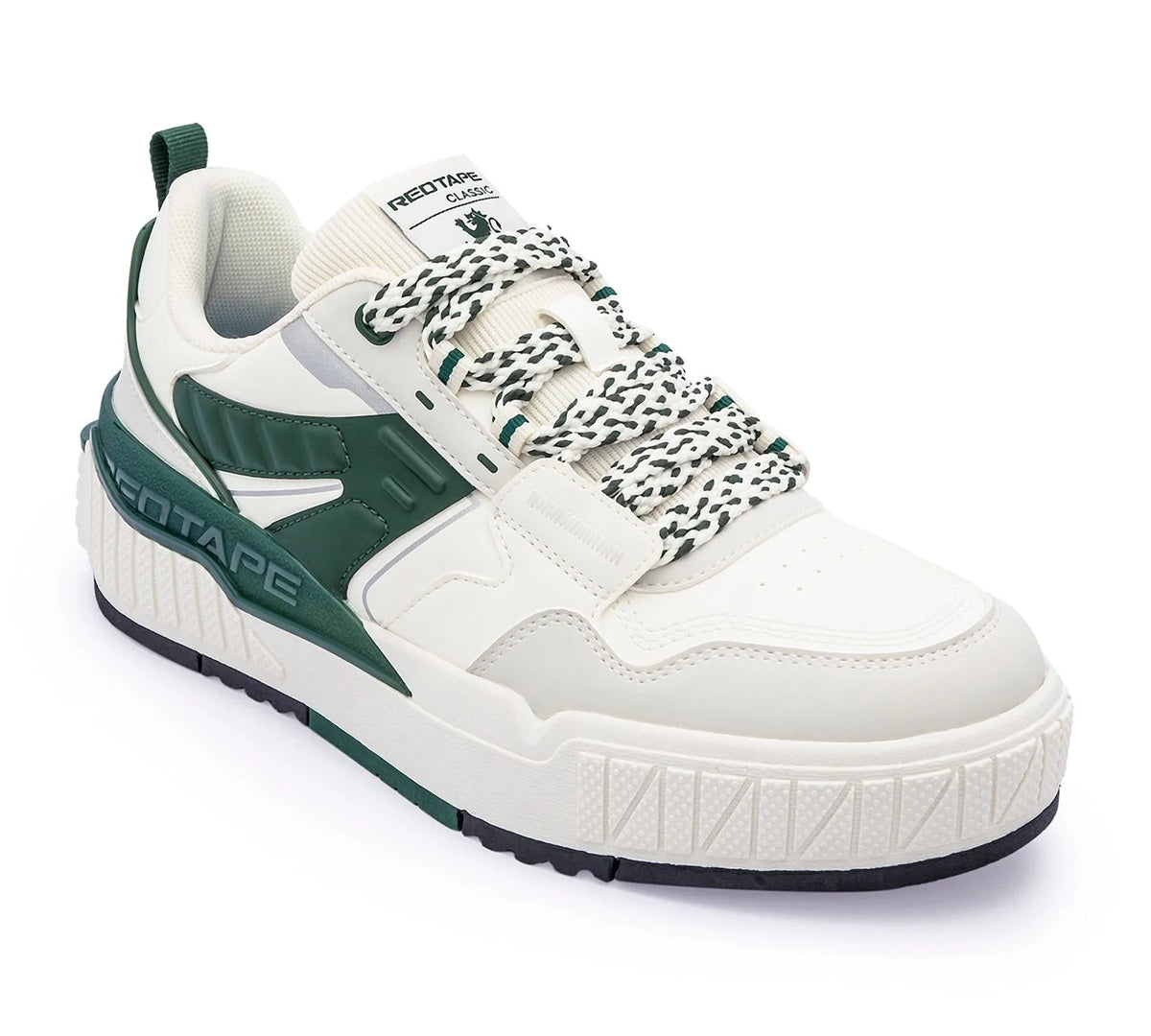 Premium Athleisure Chunky Sneakers with Textured Soles – Off-White/Dark Green