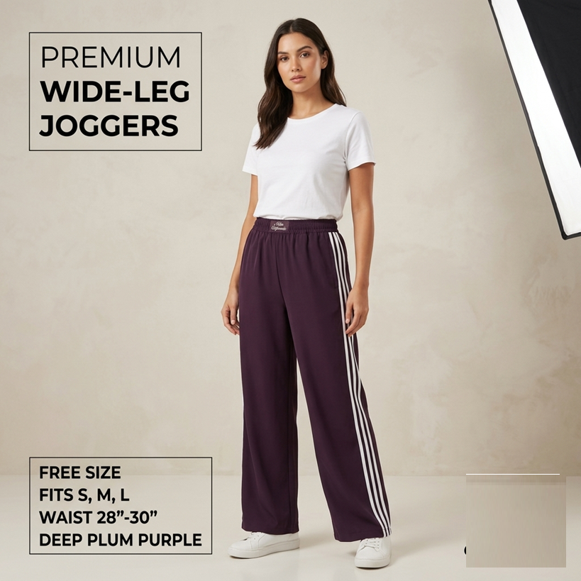 Women's Elastic Waist Wide Leg Track Pants - Deep Purple Athleisure Lower