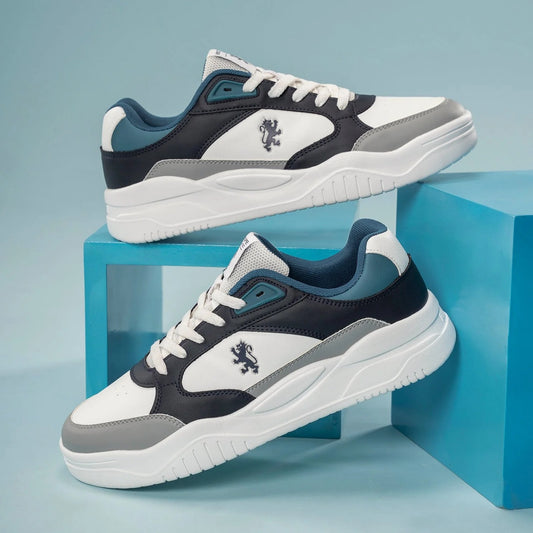 Men's Blue & White Colorblocked Retro Streetwear Sneakers | Chunky Sole Lace-Up Skate Shoes for Casual Wear