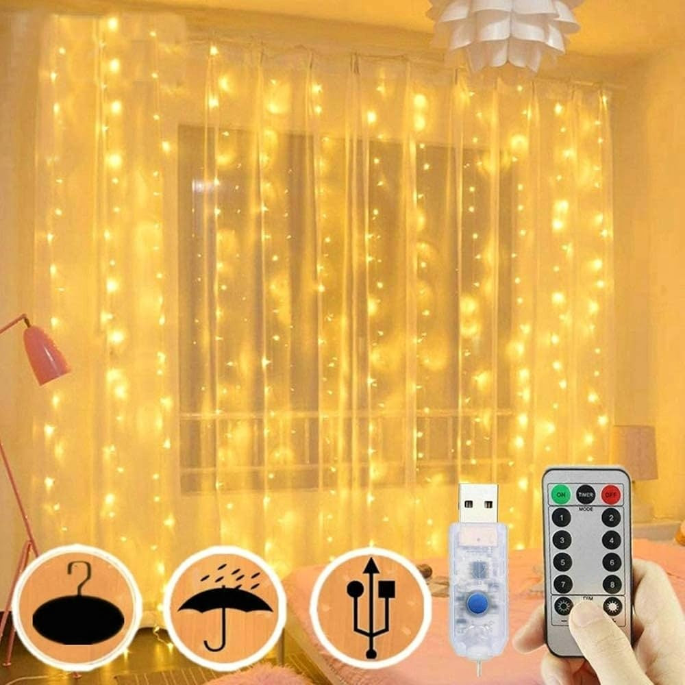 300 LED Fairy Curtain String Lights – USB Powered Remote-Controlled Backdrop, Warm Ambience for Diwali, Navratri, Christmas & New Year Décor