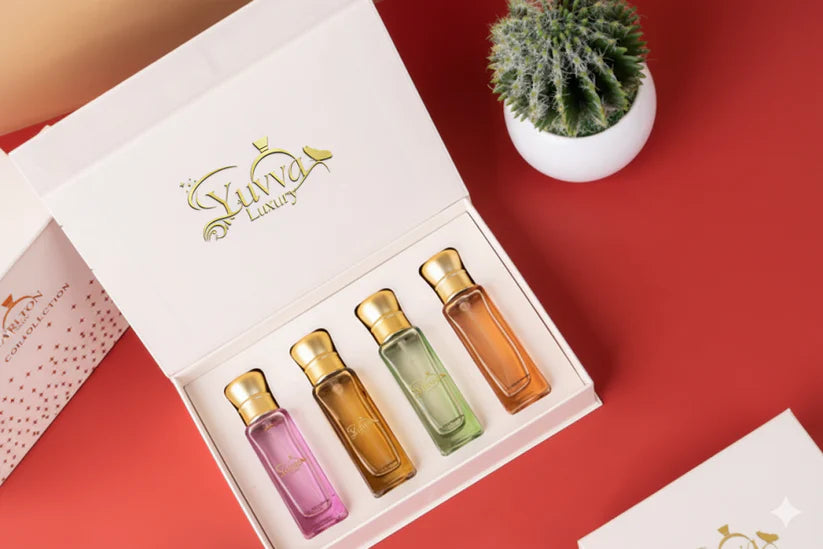 Yuvva Luxury Long Lasting Unisex Perfume Gift Set | 4x20ml Perfume for Man & Woman | Woody, Aquatic, Sweet, Premium Fragrance Scent | AQUA LOVE, YUVA SHANAYA, ROYAL KING, KING OF LONDON 12 HOURS LONG LASTING