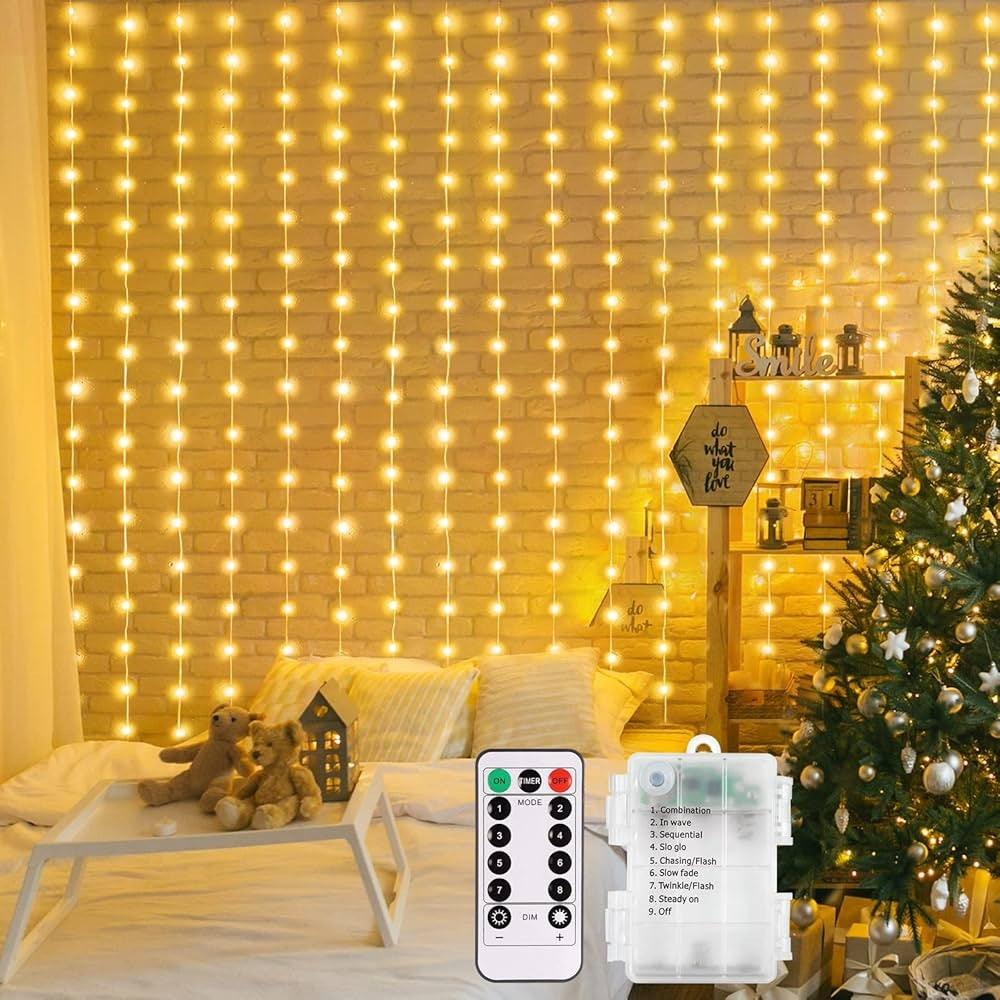 300 LED Fairy Curtain String Lights – USB Powered Remote-Controlled Backdrop, Warm Ambience for Diwali, Navratri, Christmas & New Year Décor