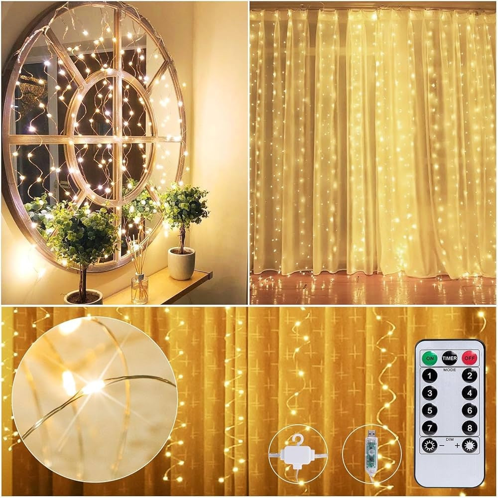 300 LED Fairy Curtain String Lights – USB Powered Remote-Controlled Backdrop, Warm Ambience for Diwali, Navratri, Christmas & New Year Décor