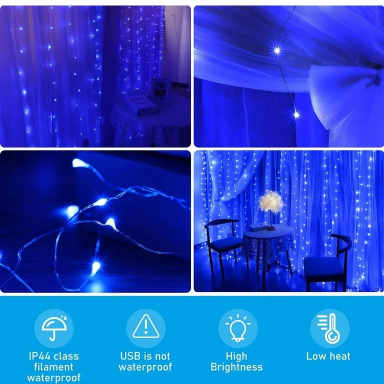 300 LED Fairy Curtain String Lights – USB Powered Remote-Controlled Backdrop, Warm Ambience for Diwali, Navratri, Christmas & New Year Décor (Blue)