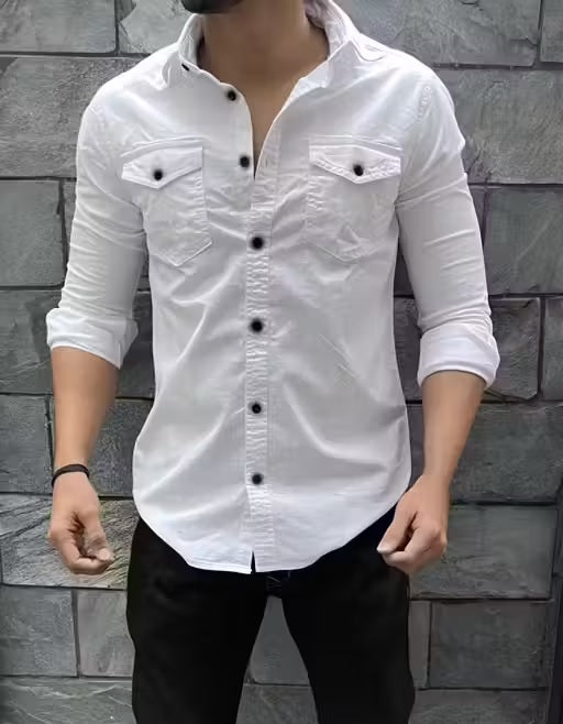 Stylish Attractive Cotton White Double Pocket Shirts For Men