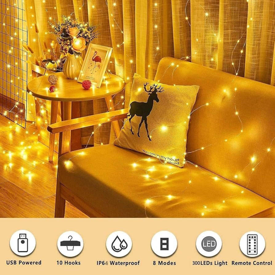 300 LED Fairy Curtain String Lights – USB Powered Remote-Controlled Backdrop, Warm Ambience for Diwali, Navratri, Christmas & New Year Décor