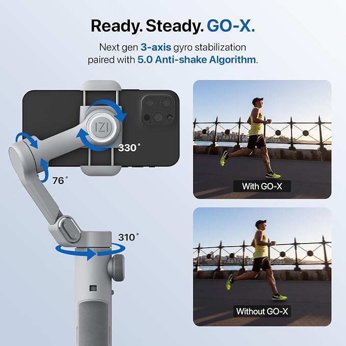 IZI GO-X 3-Axis Smartphone Gimbal Stabilizer with AI Tracking | OLED Display | LED Fill Light | Wireless Charging | 10H Battery | Phone Gimbal for Vlogging & YouTube | Gray | 310g