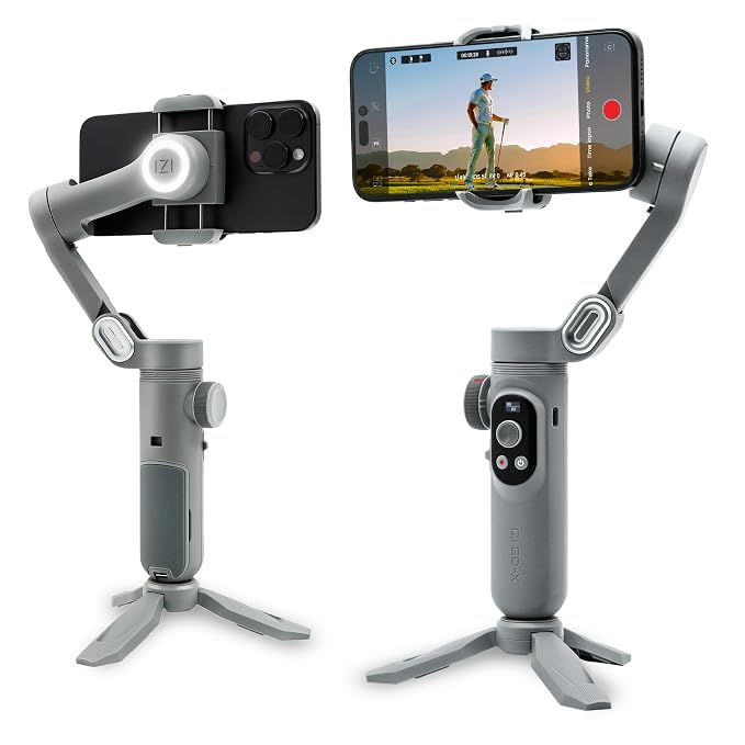 IZI GO-X 3-Axis Smartphone Gimbal Stabilizer with AI Tracking | OLED Display | LED Fill Light | Wireless Charging | 10H Battery | Phone Gimbal for Vlogging & YouTube | Gray | 310g