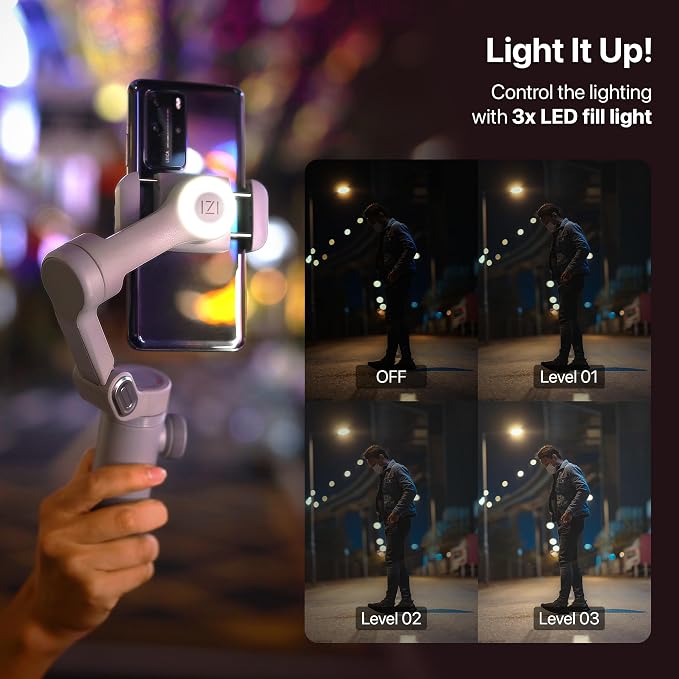 IZI GO-X 3-Axis Smartphone Gimbal Stabilizer with AI Tracking | OLED Display | LED Fill Light | Wireless Charging | 10H Battery | Phone Gimbal for Vlogging & YouTube | Gray | 310g