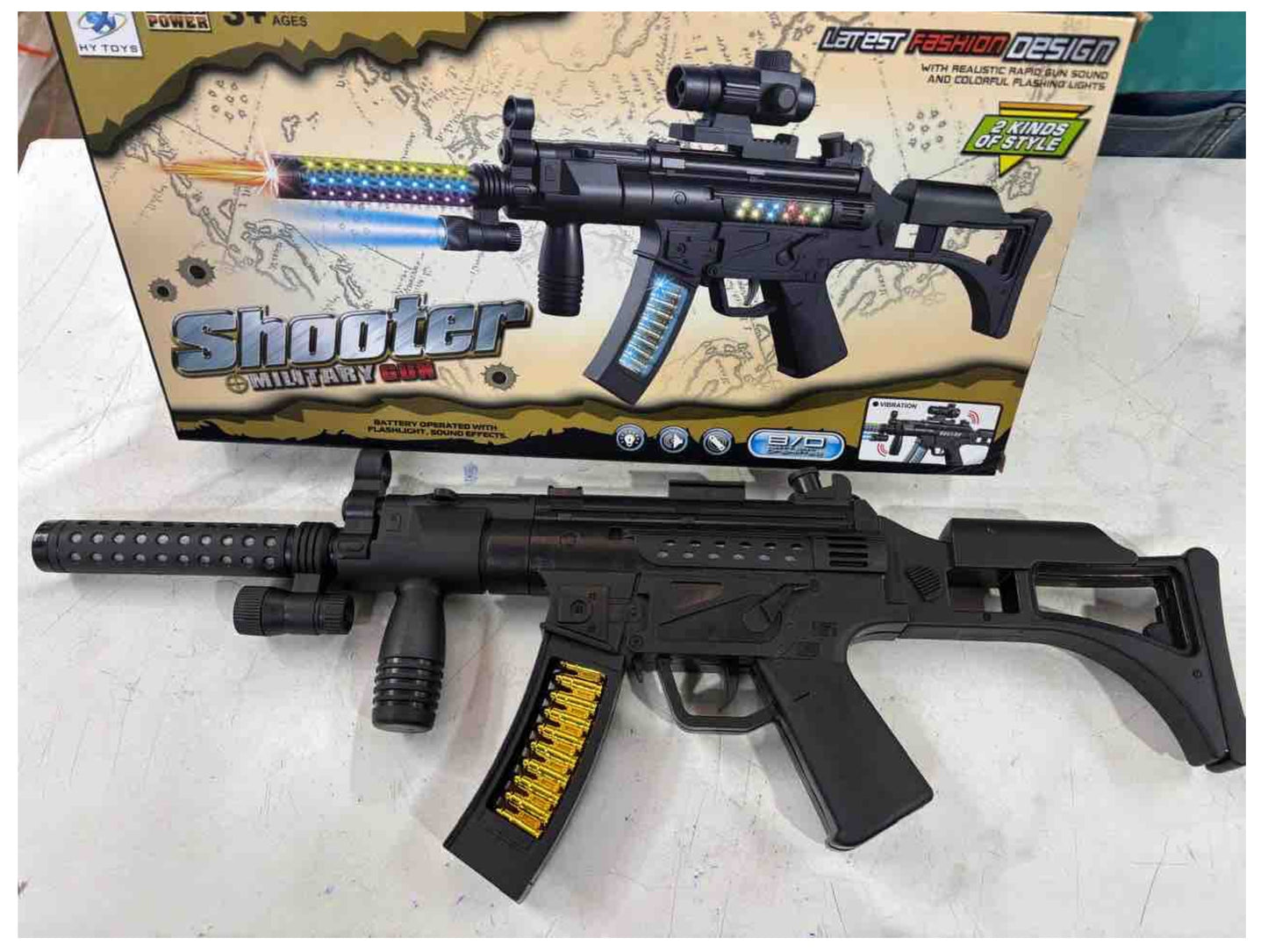 Toy Gun for kids great for Soldier Army Military . This durable plastic toy Gun emits combat sounds lights and vibration