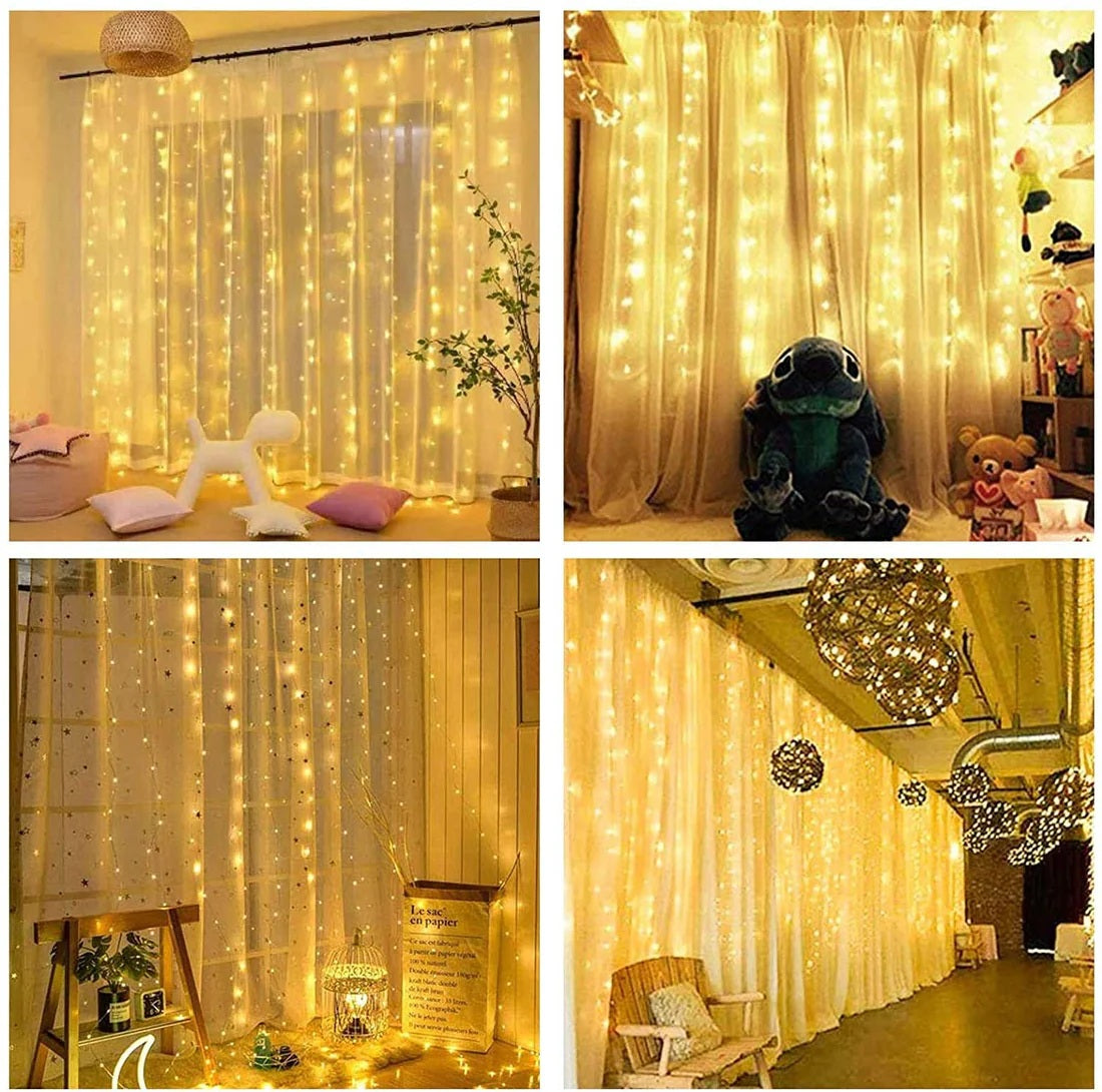 300 LED Fairy Curtain String Lights – USB Powered Remote-Controlled Backdrop, Warm Ambience for Diwali, Navratri, Christmas & New Year Décor