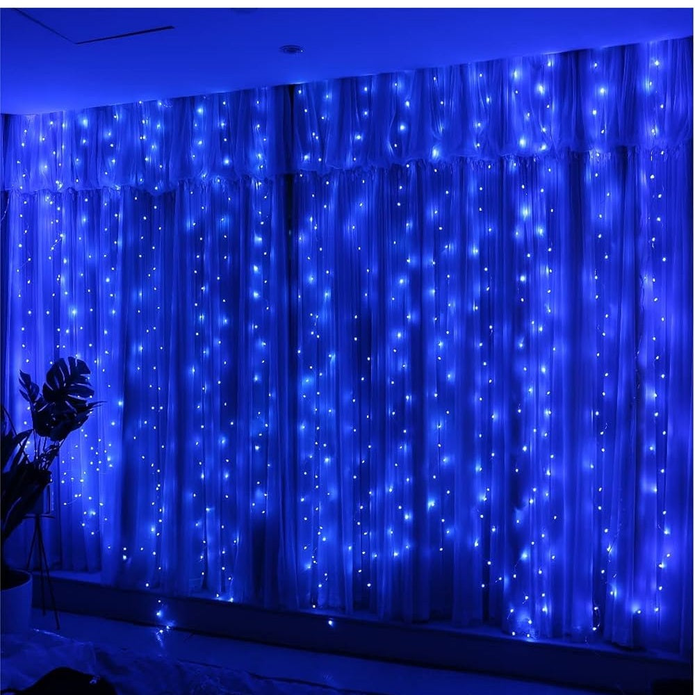 300 LED Fairy Curtain String Lights – USB Powered Remote-Controlled Backdrop, Warm Ambience for Diwali, Navratri, Christmas & New Year Décor (Blue)