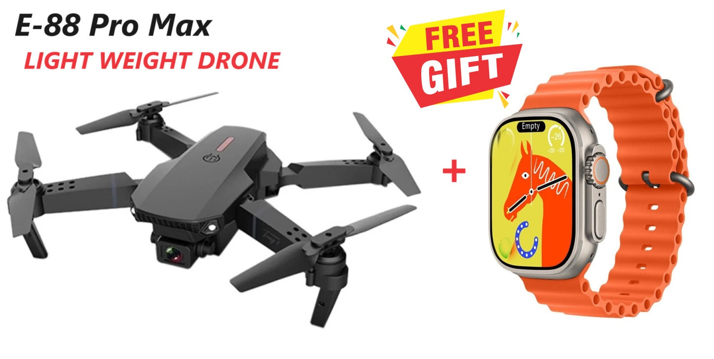 E-88 PRO MAX FOLDABLE DRONE WITH AMAZING GIFT S-9 ULTRA SMART WATCH