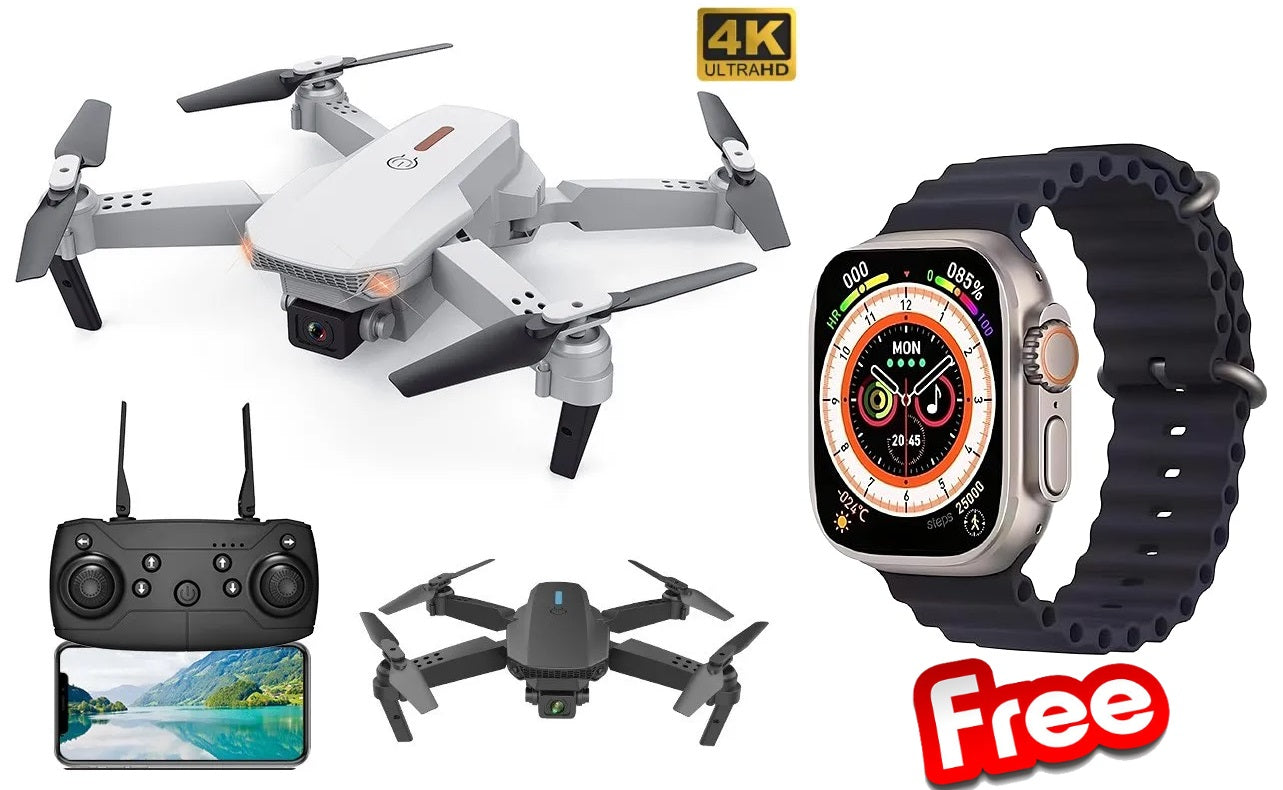 E-88 PRO MAX FOLDABLE DRONE WITH AMAZING GIFT S-9 ULTRA SMART WATCH