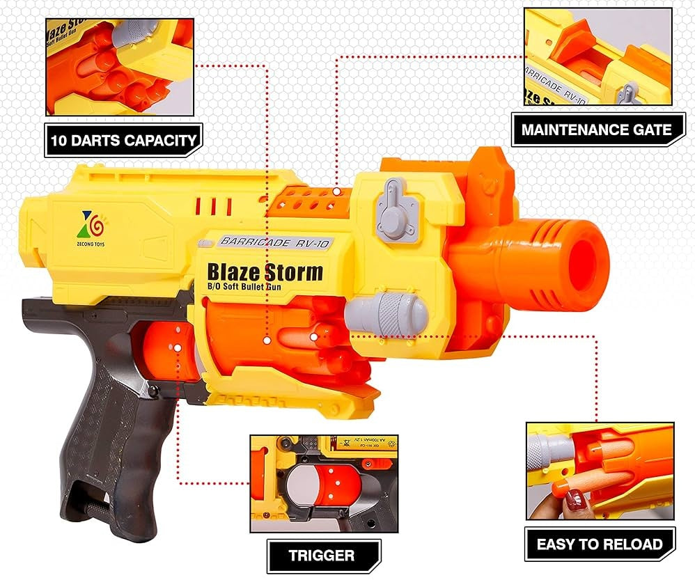 Electronic Battery Operated Blaze Storm Soft Bullet Gun 20 Soft Bullets and 10 Form Dart Magazine Drum Included