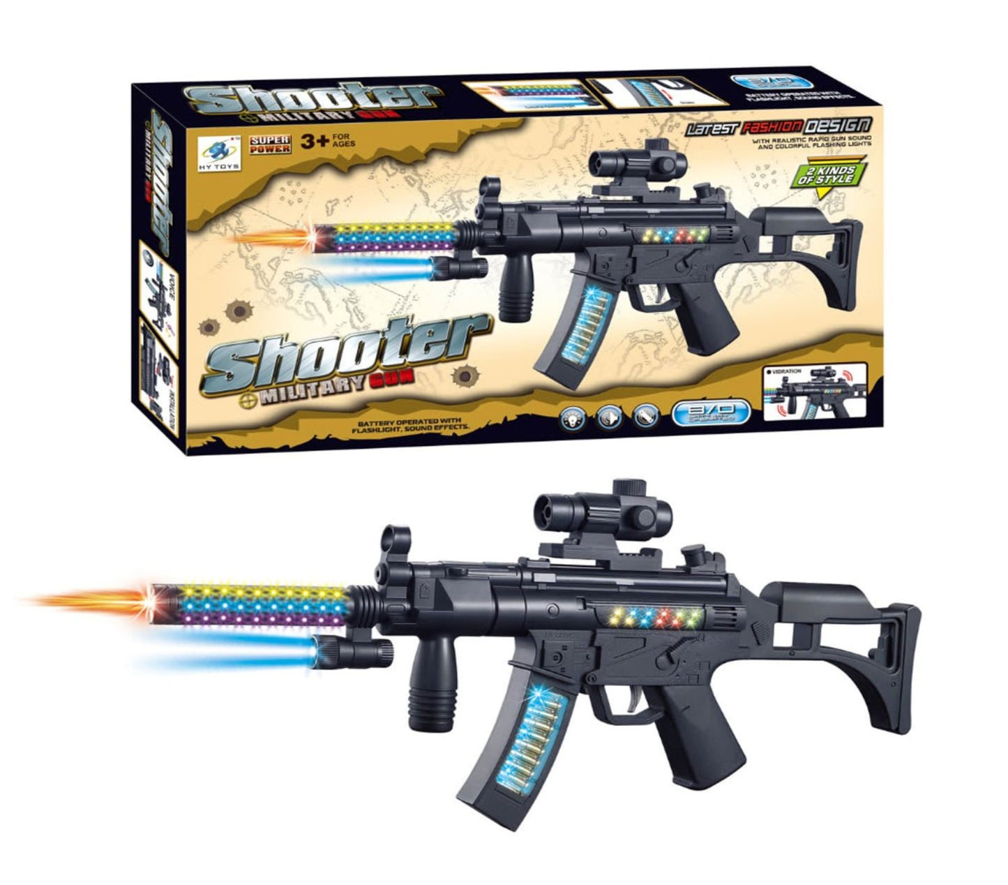 Toy Gun for kids great for Soldier Army Military . This durable plastic toy Gun emits combat sounds lights and vibration
