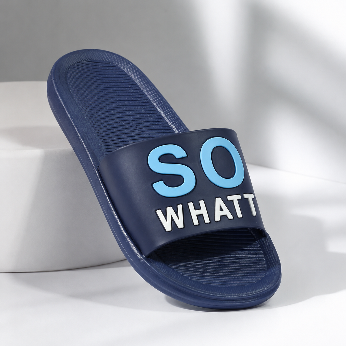 Men’s Navy Blue SO WHATT Printed Sliders – Stylish Casual Slip-On Sandals for Everyday Wear