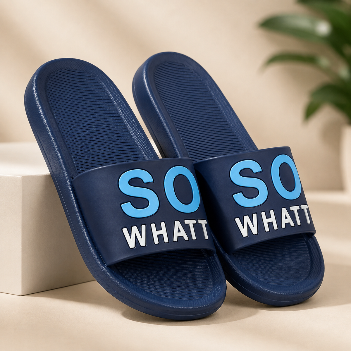 Men’s Navy Blue SO WHATT Printed Sliders – Stylish Casual Slip-On Sandals for Everyday Wear