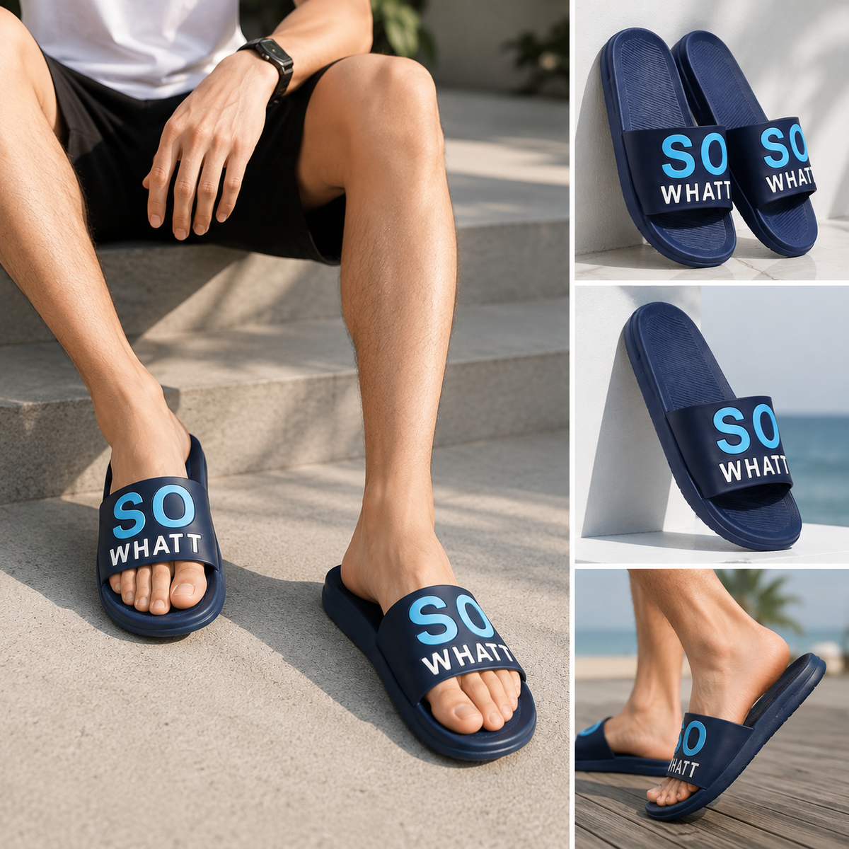 Men’s Navy Blue SO WHATT Printed Sliders – Stylish Casual Slip-On Sandals for Everyday Wear