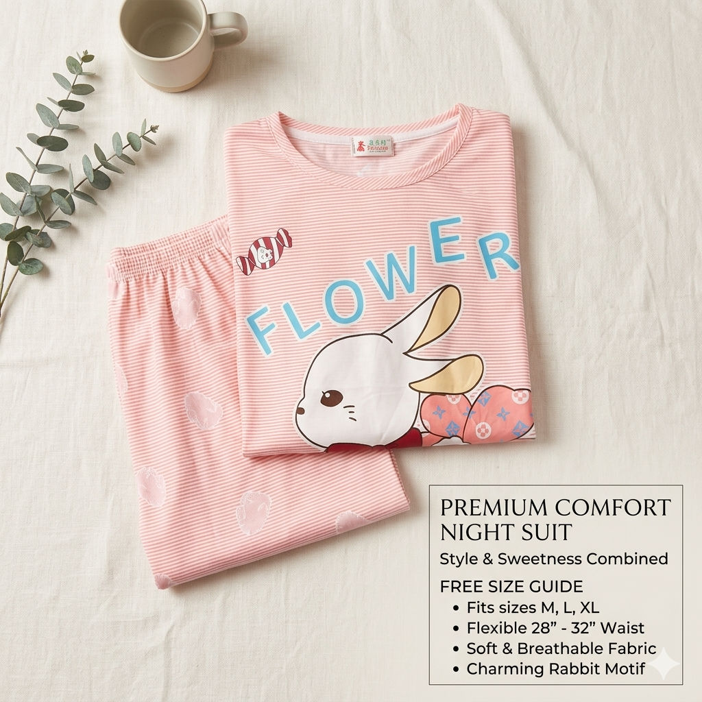 Women's Pink Striped Cotton Blend Nightsuit Set – Cute Bunny & Flower Print Top with Pyjamas