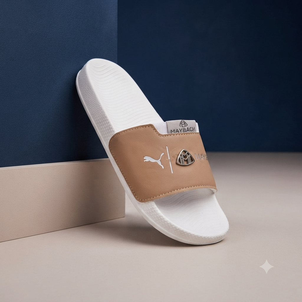 Premium Men’s Tan & White Comfort Slide Sandals – Stylish Everyday Slip-On