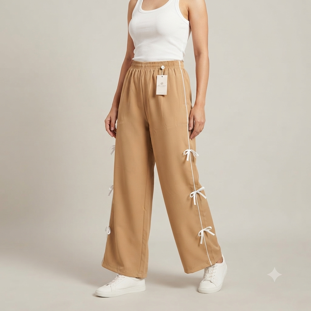 Women’s Elegant Beige Track Pants / Wide-Leg Trousers with Elastic Waist & Bow Trim